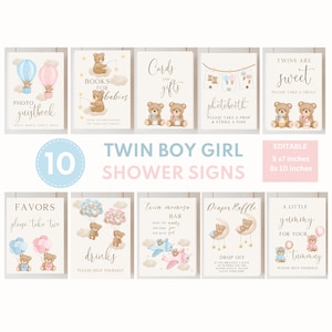 Gemelli modificabili Boy Girl Bear Baby Shower Signs Gemelli Possiamo a malapena aspettare Blue Pink Boho Bear Baby Shower Decor Signs Giochi