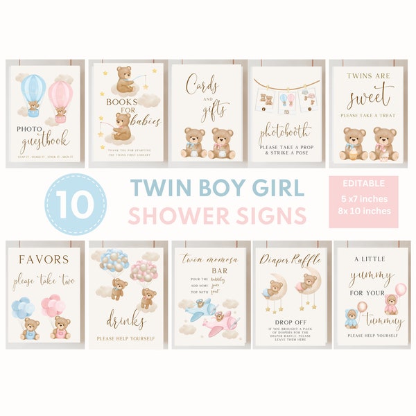 Editable Twins Boy Girl Bear Baby Shower Signs Twins We can barely wait Blue Pink Boho Bear Baby Shower Decor Signs Games