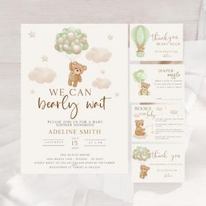 Teddybär-Babyparty, geschlechtsneutral, Wir können Bär-Babyparty-Einladung tragen, minimalistische Vintage grüne Bärn-Dusche laden ein, GB-1