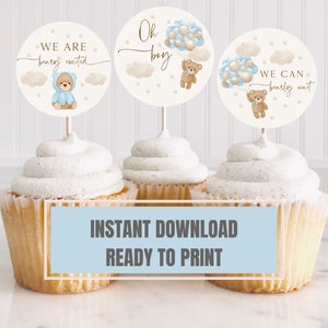 Druckbare blaue Teddy Bär junge Baby-Dusche, wir können kaum warten Cupcake Topper, Oh Baby Bär Aufkleber Sofort Download