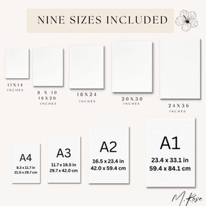 K&ouml;nnte beinhalten: Neun verschiedene Gr&ouml;&szlig;en von druckbaren Kunstdrucken werden in Zoll und Zentimetern angezeigt. Die Gr&ouml;&szlig;en sind 11x14 Zoll, 8x10 Zoll, 16x20 Zoll, 18x24 Zoll, 20x30 Zoll, 24x36 Zoll, 8.3x11.7 Zoll, 11.7x16.5 Zoll, 16.5x23.4 Zoll und 23.4x33.1 Zoll. Die Gr&ouml;&szlig;en werden auch in Zentimetern angezeigt.
