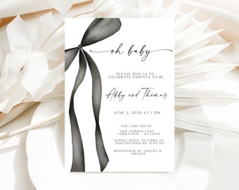 Black Ribbon Baby Shower Invitation: Minimalist Bow Decor (Digital Download)