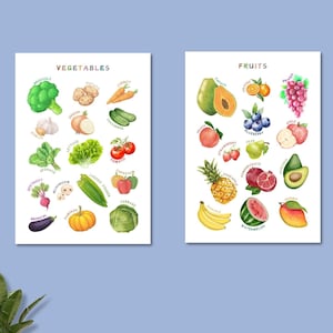 Pósteres de frutas y verduras, póster de decoración de habitación educativa, póster imprimible en acuarela, póster Montessori, decoración de pared de guardería, regalo para niños