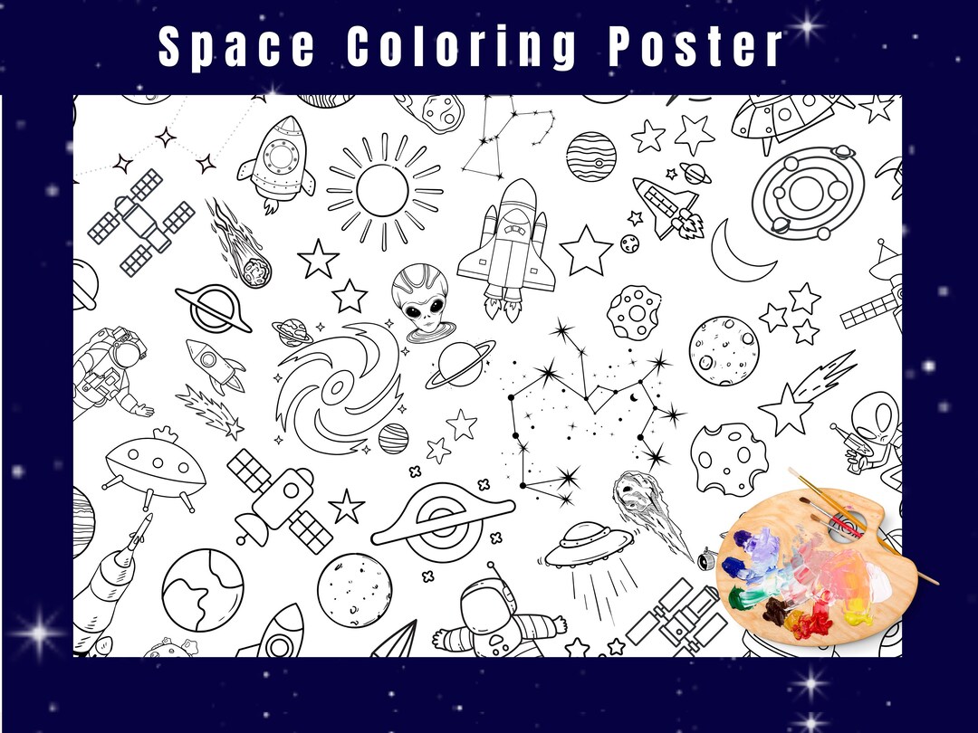 Space Digital Coloring Poster for Kids, Printable Space Coloring Poster ...