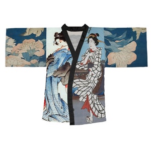 Japandi Art Kimono Robe, Japan inspired Print for Women,Kimono Style Clothing Asian Inspired , Elegant Geisha Portrait Fan Art Gift