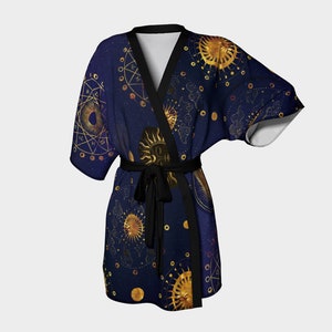 Silk Kimono Robe Astrology,Moon,Zodiac,Planets,Cosmos,The Universe,Stars,Celestial,Gold Textures,Gift for her,Esoteric Symbols