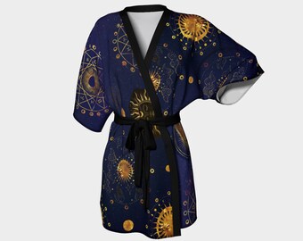 Silk Kimono Robe Astrology,Moon,Zodiac,Planets,Cosmos,The Universe,Stars,Celestial,Gold Textures,Gift for her,Esoteric Symbols