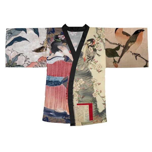 Japandi Art, Kimono Robe, Japanese Art Geisha Print, Watercolor Asian Illustration,Cherry Blossom Japan Landscape, Garden Birds, Gift