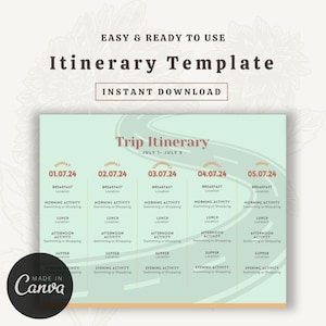 May include: A printable itinerary template with a turquoise background and a road design. The template is divided into five columns, each representing a day of the week, with the dates 01.07.24 through 05.07.24. Each column has headings for breakfast, morning activity, lunch, afternoon activity, supper, and evening activity. The text "Trip Itinerary" and "July 1 - July 5" are at the top of the template.