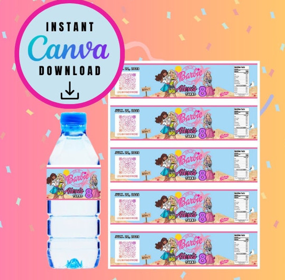 Barbie Water Bottle Template Doll Customizable Bottles - Etsy
