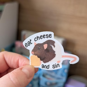 Eat Cheese and Sin Rat Sticker - Funny Pet Rat Decal afbeelding 1