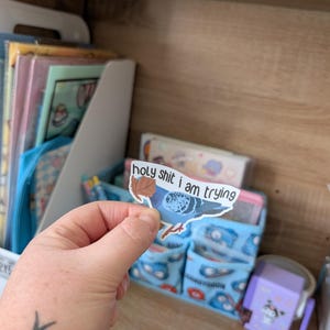 May include: A sticker with the text "holy shit i am trying" in a handwritten font. The sticker has a blue and brown design, and is held in front of a blue organizer with cartoon faces.