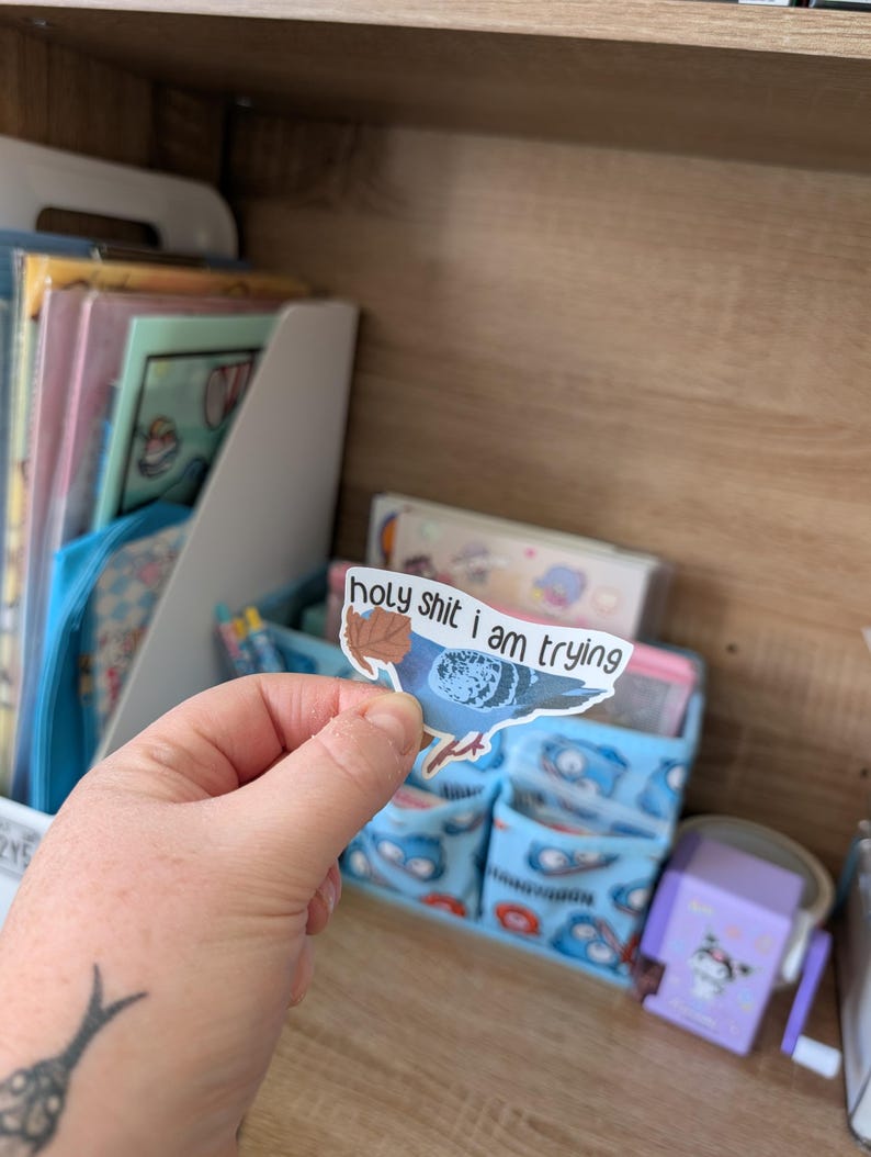 May include: A sticker with the text "holy shit i am trying" in a handwritten font. The sticker has a blue and brown design, and is held in front of a blue organizer with cartoon faces.