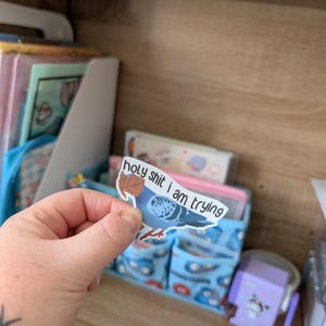 May include: A sticker showing a blue pigeon with a brown leaf and the words "holy shit i am trying". The sticker is held in a hand, with a blurred background of a desk organiser and stationery.