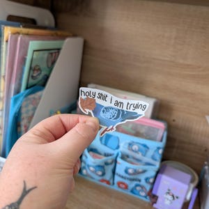 May include: A sticker depicting a blue pigeon with the phrase "holy shit i am trying". The sticker is held in a hand, with a tattoo on the wrist. A blue organiser with various items is in the background.