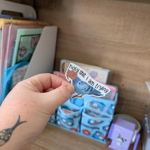 May include: A sticker depicting a blue pigeon with the words "holy shit i am trying". The sticker is held in a hand, with a tattoo visible on the wrist. The background includes a desk organiser and other stationery items.