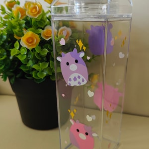 Squishmallow inspired drink bottle squishmallow stickers cute soft toys children's drink bottle milk carton acrylic pink and purple cows