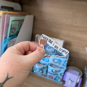 May include: A sticker featuring a blue pigeon with the text "holy shit I am trying." The sticker is held in a hand, with a wooden shelf and other items in the background.