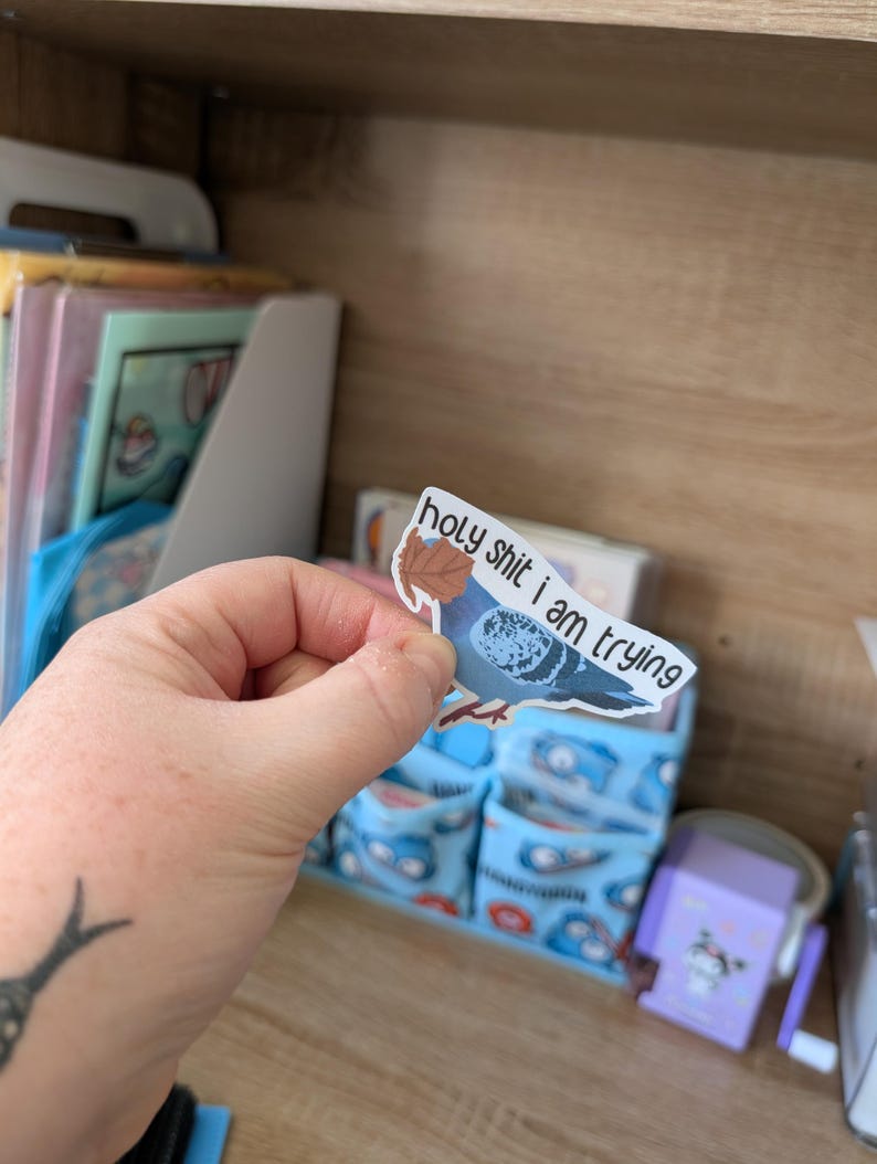 May include: A sticker featuring a blue pigeon with the text "holy shit I am trying." The sticker is held in a hand, with a wooden shelf and other items in the background.