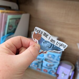 May include: A sticker depicting a blue pigeon with a brown leaf and the text "holy shit i am trying". The sticker is held up against a background of a wooden shelf and blue patterned objects.