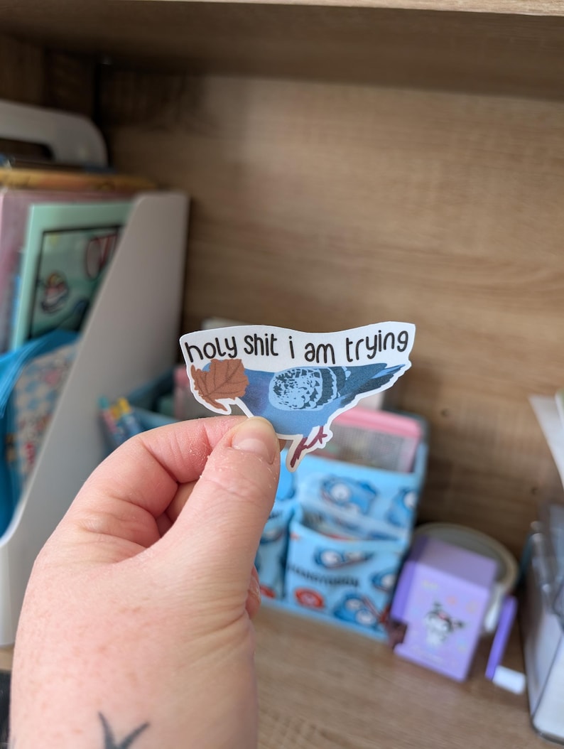 May include: A sticker depicting a blue pigeon with a leaf, and the text "holy shit i am trying". The sticker is held in a hand, set against a backdrop of wooden shelving and storage containers.