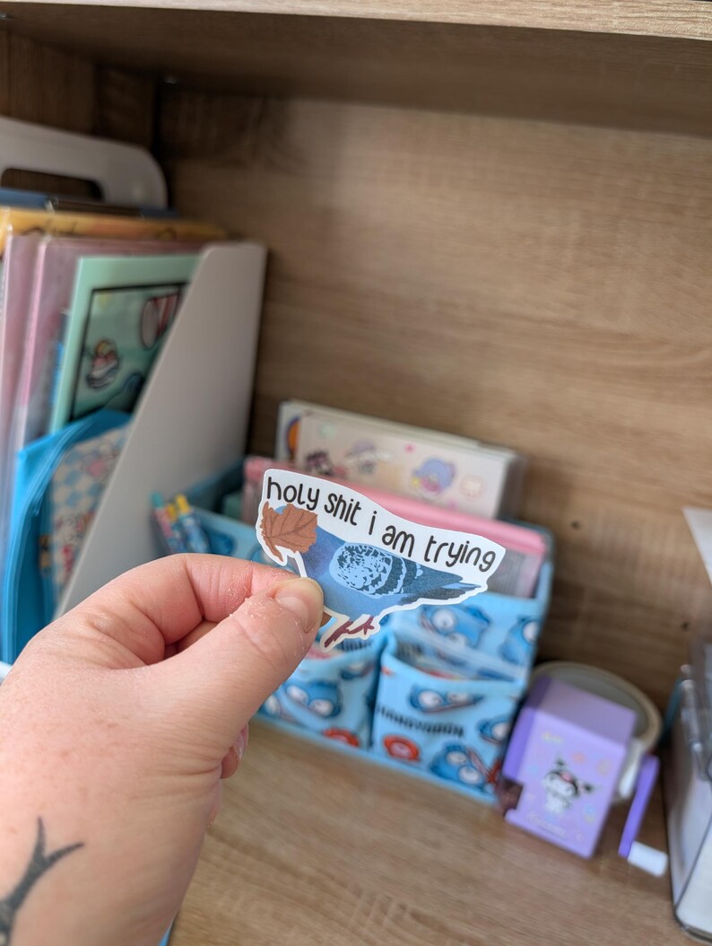 May include: A sticker with a blue pigeon design and the words "holy shit i am trying". The sticker is held in front of a desk organiser and other stationery items, with a light blue and white colour scheme.
