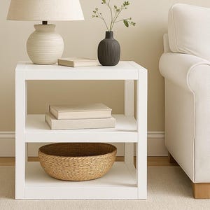Può includere: Un tavolino bianco con tre ripiani. Il ripiano superiore contiene una lampada con paralume beige, un piccolo libro e un vaso scuro con verde. Il ripiano centrale ha due libri beige e il ripiano inferiore ha un cestino intrecciato.