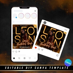May include: Instagram post template for a birthday party invitation. The template features a black background with a gold and red design. The text "Leo's Birthday Bash" is written in gold letters with a fire effect. The date and time of the party are listed below the text.