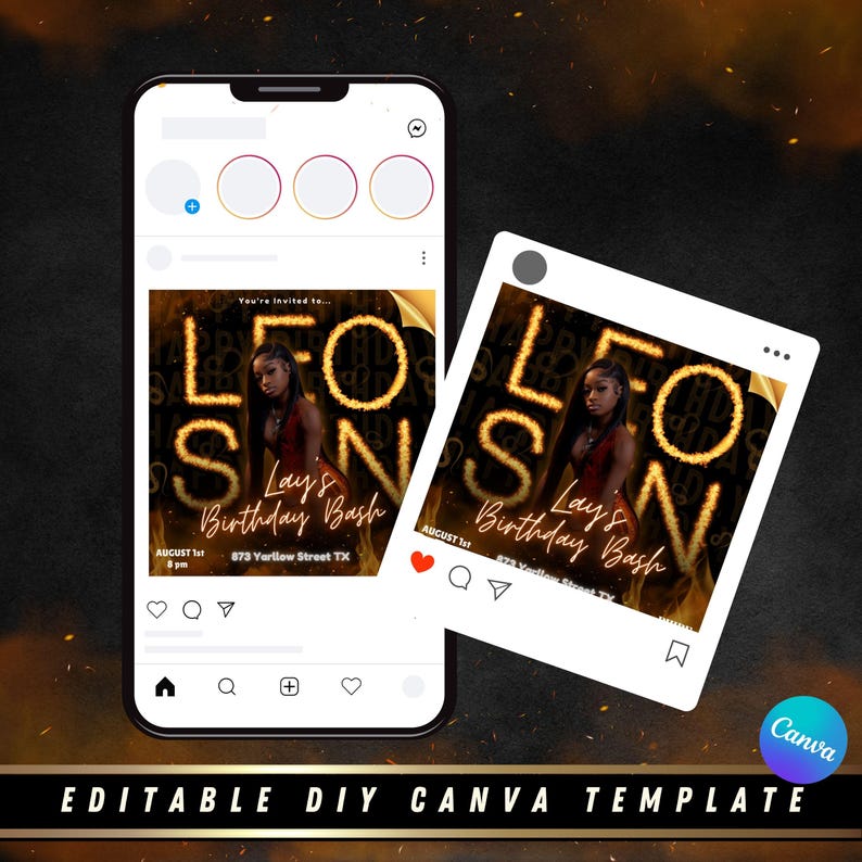 May include: Instagram post template for a birthday party invitation. The template features a black background with a gold and red design. The text "Leo's Birthday Bash" is written in gold letters with a fire effect. The date and time of the party are listed below the text.