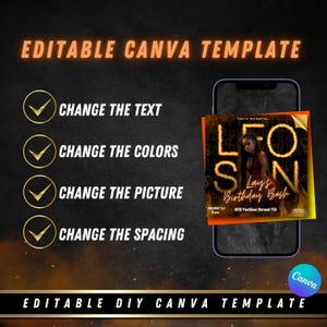 May include: A digital birthday party invitation with a black background and orange text. The text says "You're invited to... Leo's Birthday Bash" with a picture of a woman in the center. The date and time are listed as "August 1st, 8 pm" and the address is "673 Yarllow Street TX".