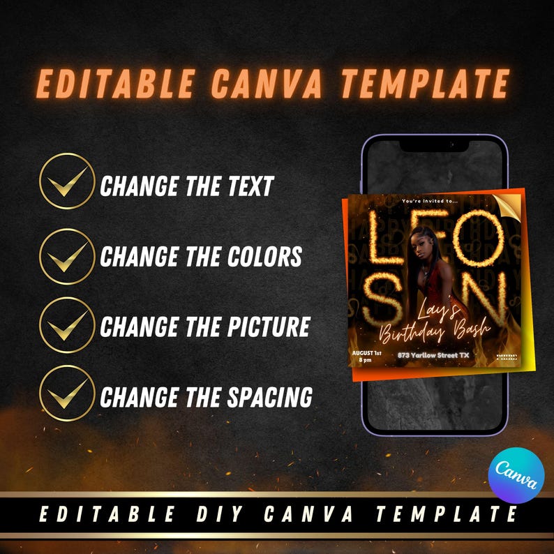 May include: A digital birthday party invitation with a black background and orange text. The text says "You're invited to... Leo's Birthday Bash" with a picture of a woman in the center. The date and time are listed as "August 1st, 8 pm" and the address is "673 Yarllow Street TX".