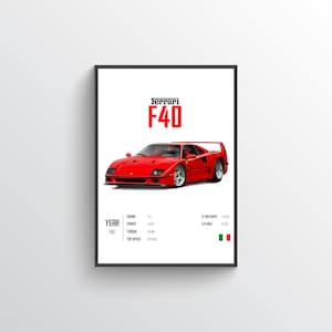 Póster del coche Ferrari F40 - Impresión de arte de pared de superdeportivo clásico, ideal para entusiastas de los coches y decoración de coches