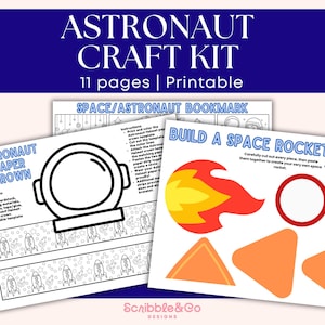 May include: Astronaut craft kit with 11 printable pages. The kit includes templates for an astronaut helmet, a space/astronaut bookmark, and a build-a-space-rocket activity. The kit is designed by Scribble & Co.