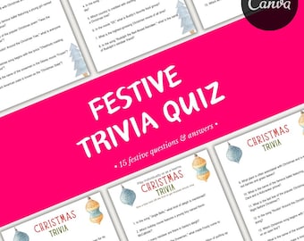 May include: A festive trivia quiz with 15 questions and answers, featuring a bright pink background. The quiz sheets have a Christmas theme with ornaments and text that reads "Christmas Trivia".