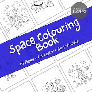 May include: A black and white coloring book with the title "Space Colouring Book" and the text "46 Pages • US Letter • Re-printable". The book features illustrations of astronauts, spaceships, planets, and stars.