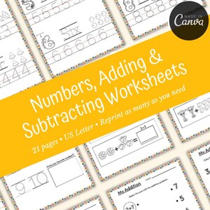 May include: A set of 21 printable worksheets for kids to practice adding and subtracting numbers. The worksheets feature colorful borders and various illustrations, including watermelon, flowers, and giraffes. The text on the page reads "Numbers, Adding & Subtracting Worksheets" and "21 pages. US Letter. Reprint as many as you need."