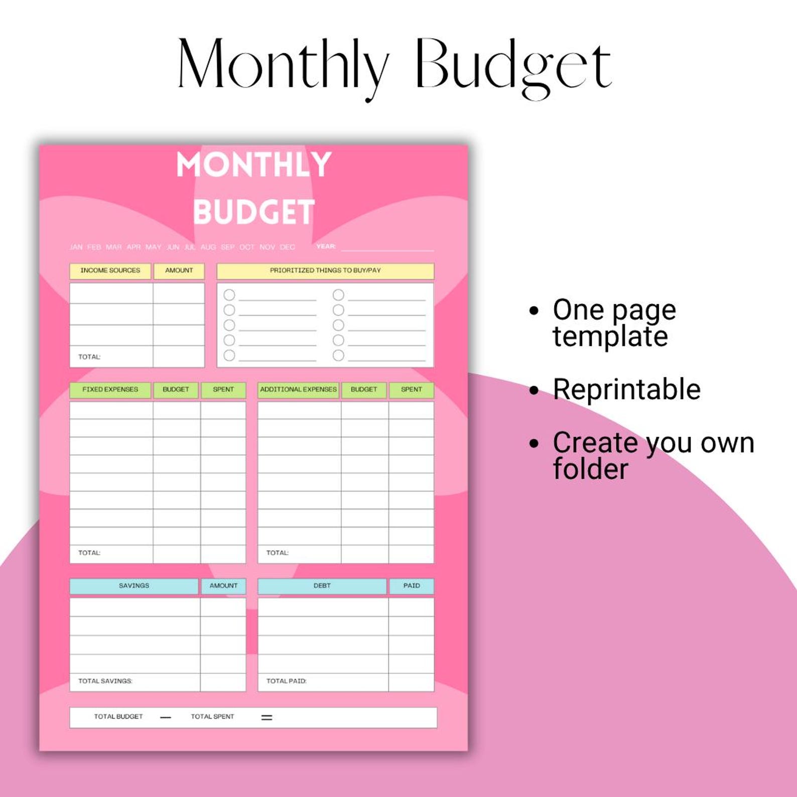 Monthly Budget Planner Page, Bold Pink Floral (printable PDF Download ...