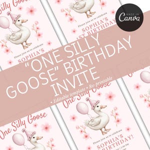 One Silly Goose Birthday Invite | Editable 1st Birthday Invitation | Digital Goose Party Invite for Kids | Pink  1st Birthday Invitation |