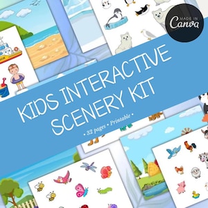 May include: A colorful printable kids interactive scenery kit with 32 pages. The kit features various scenes, including a beach, a winter wonderland, a farm, and a forest. Each scene includes a variety of objects and characters that children can use to create their own stories.