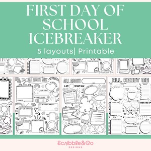 Puede incluir: Hojas imprimibles "Rompehielos del primer día de escuela" con 5 diseños. Cada hoja presenta indicaciones para completar como "Todo sobre mí", "Mi color favorito" y "Me gusta ver". El diseño es en blanco y negro con elementos decorativos.