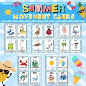 May include: A set of 16 colourful summer-themed movement cards featuring illustrations of animals, objects, and activities. Each card has a title, a description of the movement, and a corresponding image. The cards are designed to help children learn and practice different movements.