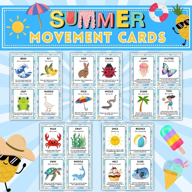 May include: A set of 16 colourful summer-themed movement cards featuring illustrations of animals, objects, and activities. Each card has a title, a description of the movement, and a corresponding image. The cards are designed to help children learn and practice different movements.