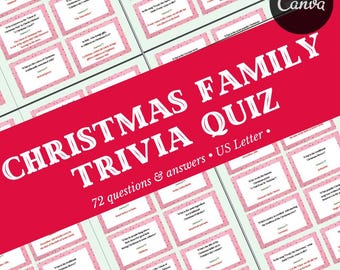 May include: A Christmas Family Trivia Quiz with 72 questions and answers. The title is in large white letters on a red banner. The background features numerous pink cards with trivia questions and answers.