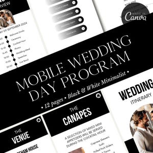 Mobiel trouwprogramma | Bewerkbare bruiloftstijdlijn | Aangepast reisschema voor trouwdag | Gastinformatie | Trouwprogramma | Zwart-wit |