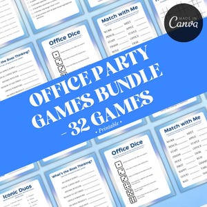 May include: A blue and white printable office party game bundle with 32 games. The games include "Office Dice", "Match with Me", "What's the Boss Thinking?" and "Iconic Duos".