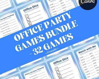 May include: A blue and white printable office party game bundle with 32 games. The games include "Office Dice", "Match with Me", "What's the Boss Thinking?" and "Iconic Duos".