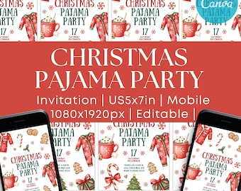 May include: Christmas Pajama Party invitation design. The invitation features a red background with festive illustrations of pajamas, hot cocoa, and cookies. The text reads "Christmas Pajama Party" and includes event details. The design is displayed on a smartphone.