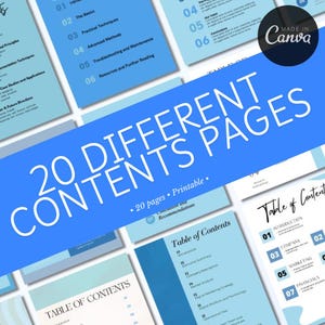 Könnte beinhalten: Eine blaue und weiße Inhaltsverzeichnis-Seite mit dem Text "20 Different Contents Pages" in großen weißen Buchstaben. Die Seite ist Teil eines 20-seitigen druckbaren Dokuments.