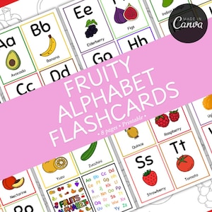 Fruitalfabet Flashcards | Hoofdletters en kleine letters ABC | ABC-flashkaarten | Afdrukbare flashcards | Leren voor peuters | Voorschools leren |