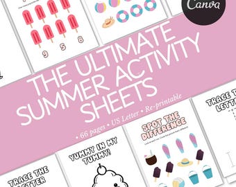 May include: A collection of printable summer activity sheets. The sheets feature various summer-themed illustrations and games, including counting, spot the difference, and tracing activities. The title "The Ultimate Summer Activity Sheets" is displayed prominently.